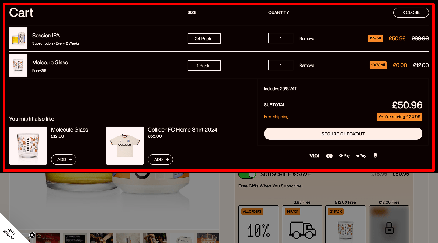 Cart recovery pop-up